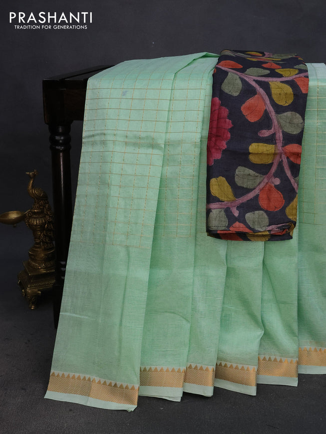 Mangalgiri silk cotton saree pastel green and black with allover zari checked pattern and zari woven border & hand painted kalamkari blouse