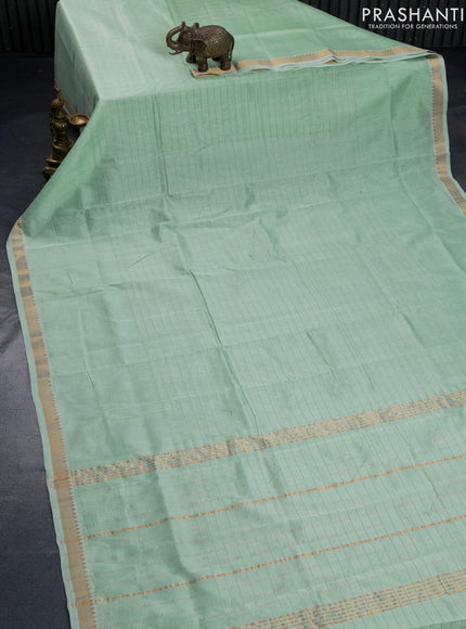 Mangalgiri silk cotton saree pastel green and black with allover zari checked pattern and zari woven border & hand painted kalamkari blouse