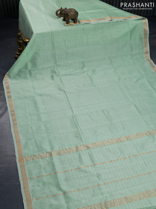 Mangalgiri silk cotton saree pastel green and black with allover zari checked pattern and zari woven border & hand painted kalamkari blouse