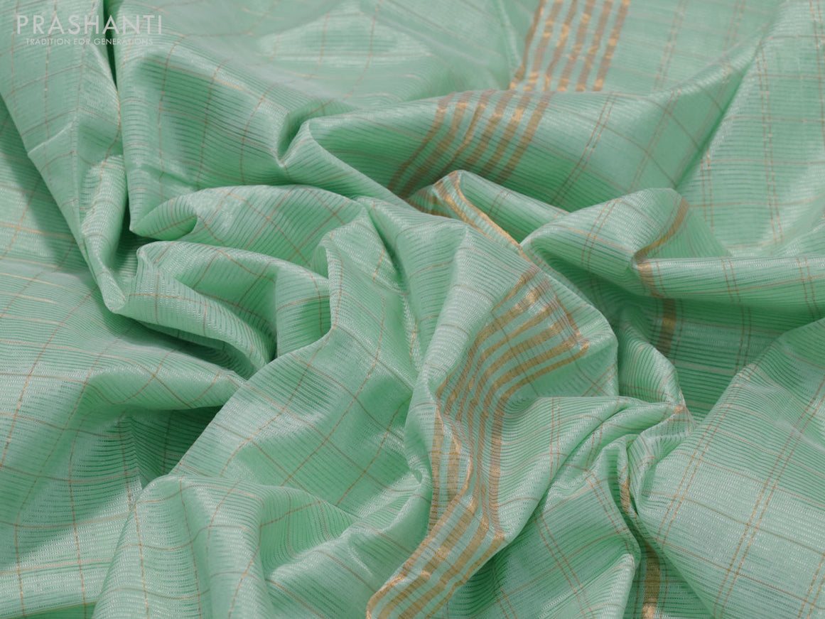 Mangalgiri silk cotton saree pastel green and black with allover zari checked pattern and zari woven border & hand painted kalamkari blouse