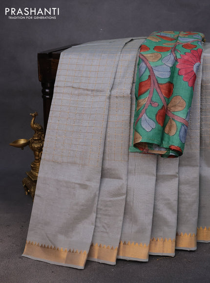 Mangalgiri silk cotton saree grey shade with allover zari checked pattern and zari woven border & hand painted kalamkari blouse