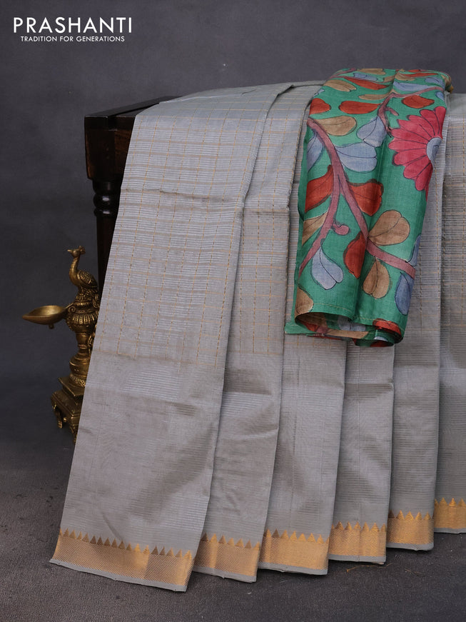 Mangalgiri silk cotton saree grey shade with allover zari checked pattern and zari woven border & hand painted kalamkari blouse