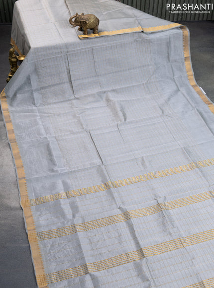 Mangalgiri silk cotton saree grey shade with allover zari checked pattern and zari woven border & hand painted kalamkari blouse