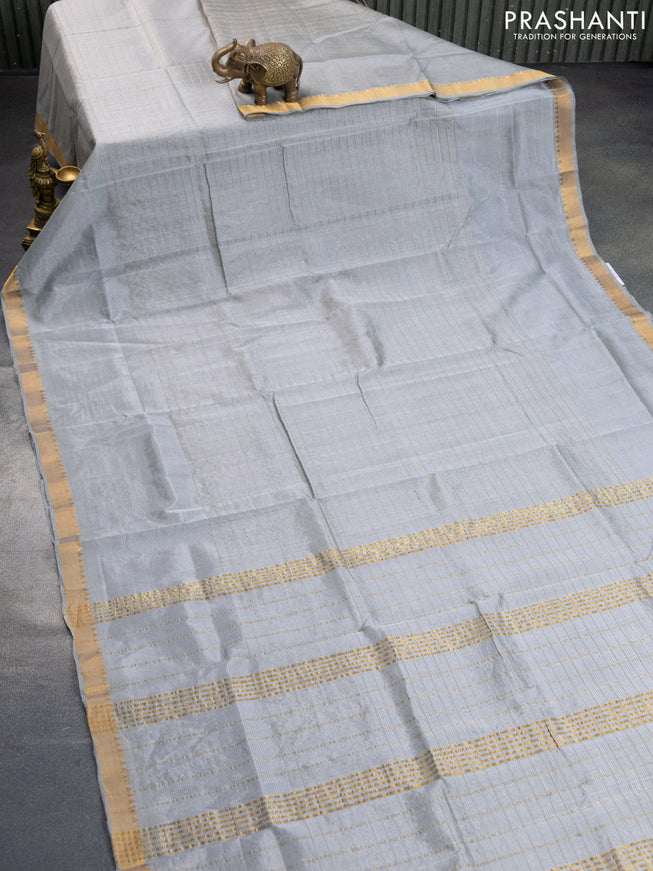 Mangalgiri silk cotton saree grey shade with allover zari checked pattern and zari woven border & hand painted kalamkari blouse