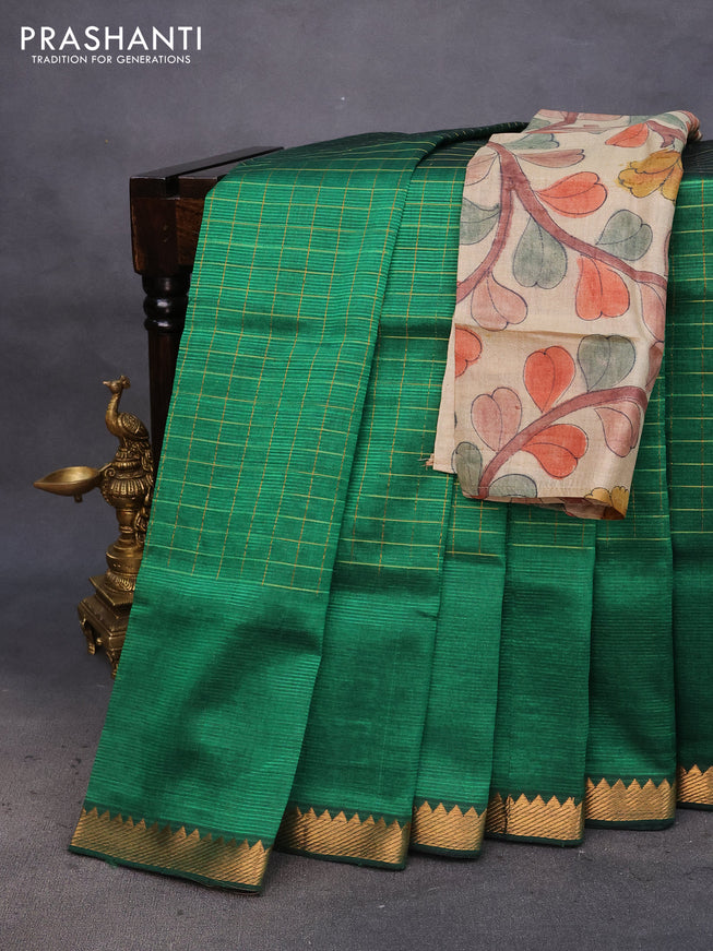 Mangalgiri silk cotton saree green and beige with allover zari checked pattern and zari woven border & hand painted kalamkari blouse