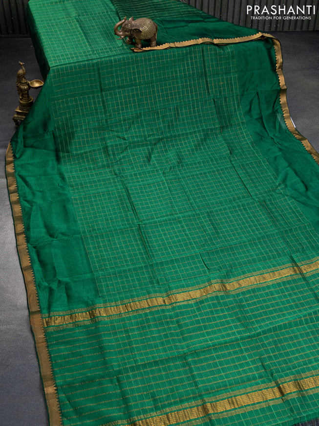 Mangalgiri silk cotton saree green and beige with allover zari checked pattern and zari woven border & hand painted kalamkari blouse