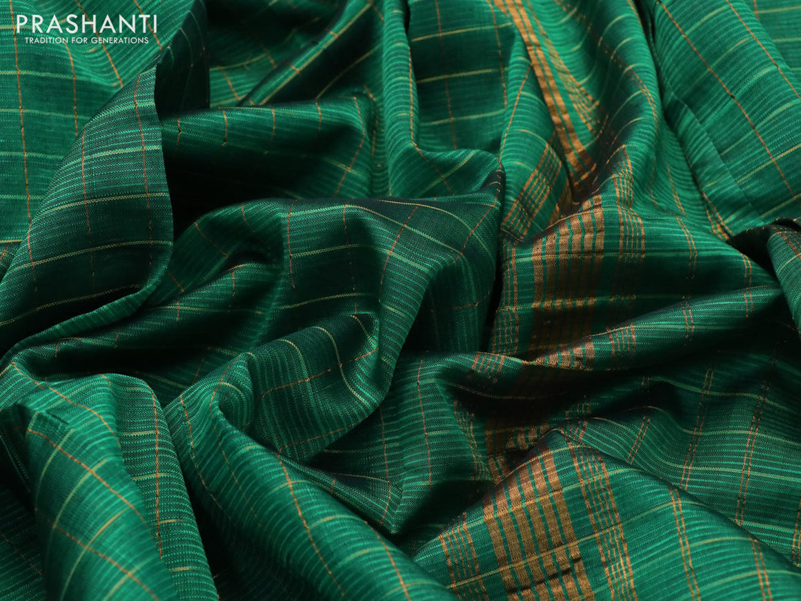 Mangalgiri silk cotton saree green and beige with allover zari checked pattern and zari woven border & hand painted kalamkari blouse