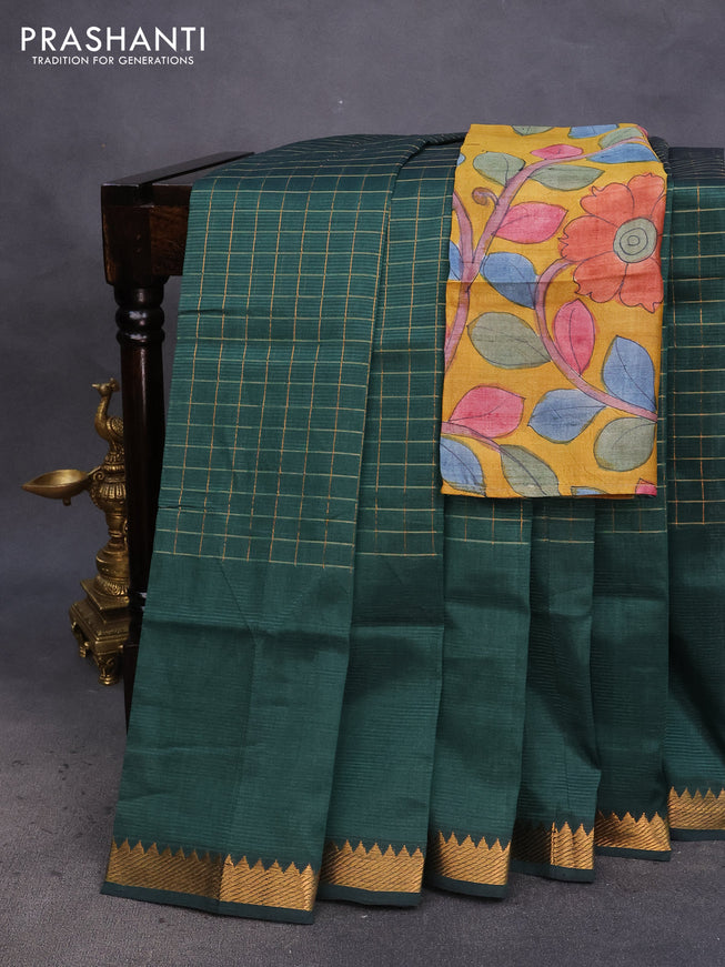 Mangalgiri silk cotton saree dark green and mustard yellow with allover zari checked pattern and zari woven border & hand painted kalamkari blouse