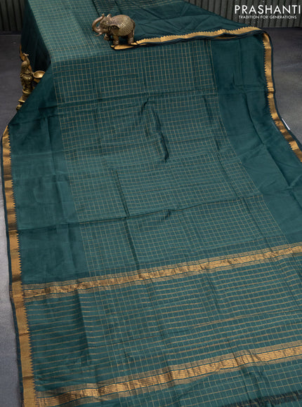 Mangalgiri silk cotton saree dark green and mustard yellow with allover zari checked pattern and zari woven border & hand painted kalamkari blouse