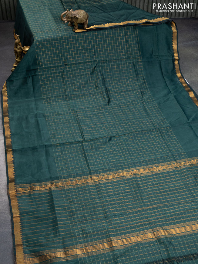 Mangalgiri silk cotton saree dark green and mustard yellow with allover zari checked pattern and zari woven border & hand painted kalamkari blouse