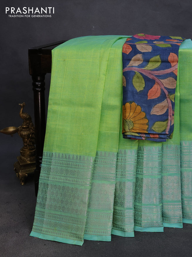 Mangalgiri silk cotton saree dual shade of light green and blue with plain body and silver zari woven border & hand painted kalamkari blouse