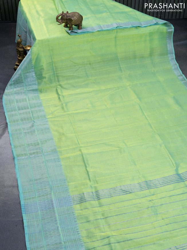 Mangalgiri silk cotton saree dual shade of light green and blue with plain body and silver zari woven border & hand painted kalamkari blouse