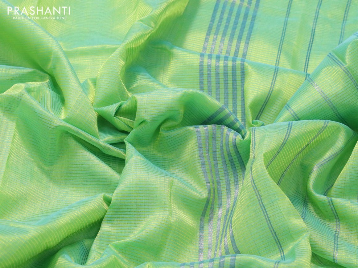 Mangalgiri silk cotton saree dual shade of light green and blue with plain body and silver zari woven border & hand painted kalamkari blouse