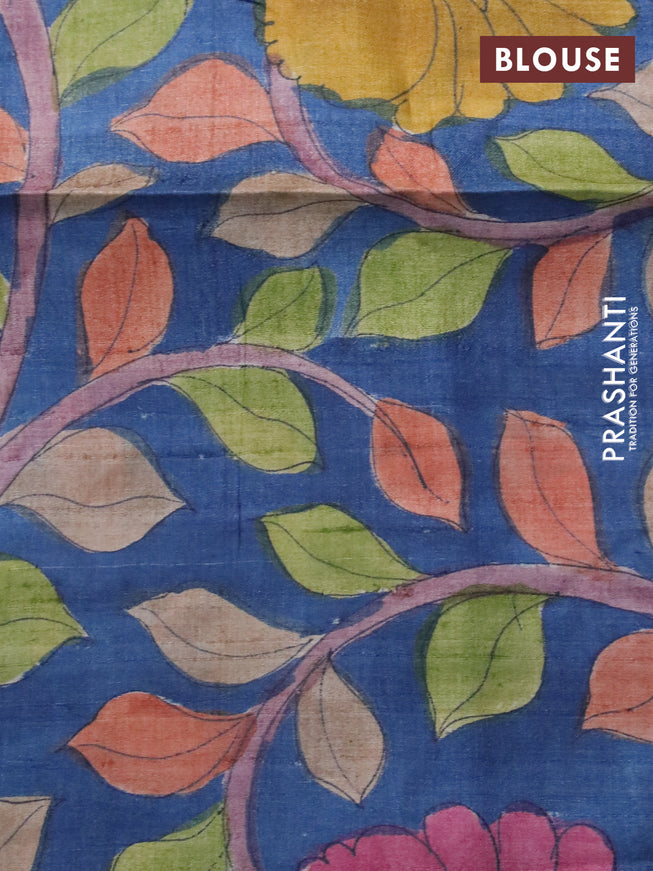 Mangalgiri silk cotton saree dual shade of light green and blue with plain body and silver zari woven border & hand painted kalamkari blouse