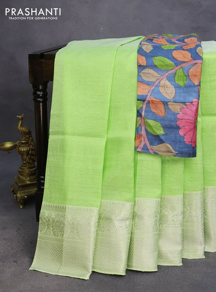 Mangalgiri silk cotton saree pista green and peacock blue with plain body and silver zari woven annam border & hand painted kalamkari blouse