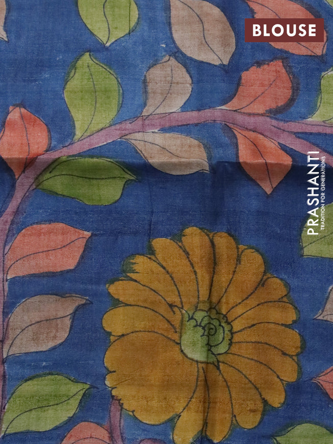 Mangalgiri silk cotton saree pista green and peacock blue with plain body and silver zari woven annam border & hand painted kalamkari blouse