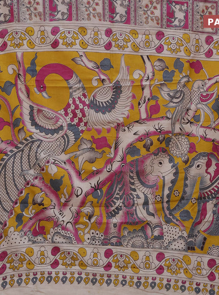 Kalamkari semi silk saree pink grey and yellow with allover prints and printed border