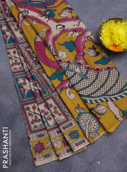 Kalamkari semi silk saree pink teal green and yellow with allover prints and printed border