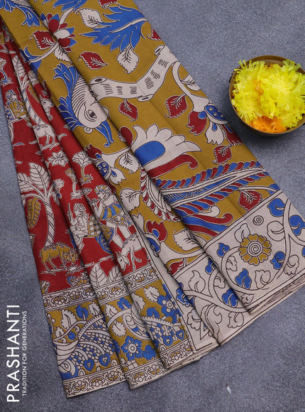 Kalamkari semi silk saree maroon and mustard shade with allover prints and printed border