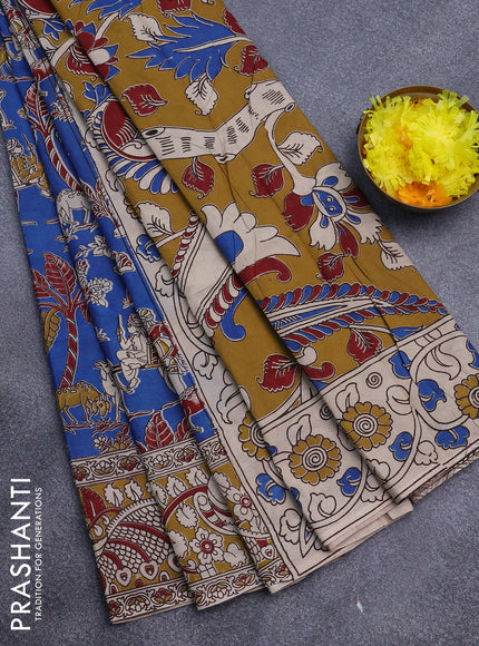 Kalamkari semi silk saree blue and mustard shade with allover prints and printed border