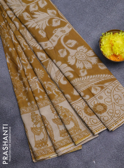 Kalamkari semi silk saree mustard yellow and beige with allover prints and printed border