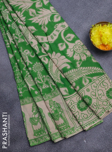 Kalamkari semi silk saree light green and cream with allover prints and printed border