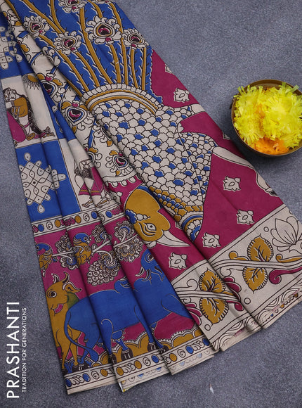 Kalamkari semi silk saree cream blue and magenta pink with allover prints and printed border