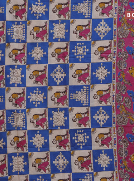 Kalamkari semi silk saree cream blue and magenta pink with allover prints and printed border