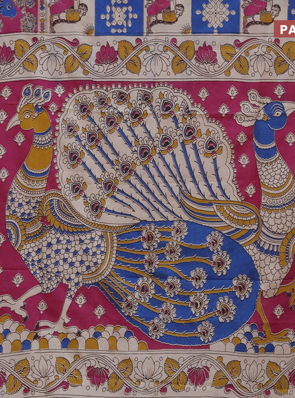 Kalamkari semi silk saree cream blue and magenta pink with allover prints and printed border