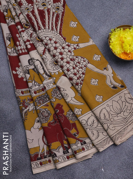 Kalamkari semi silk saree cream maroon and mustard yellow with allover prints and printed border