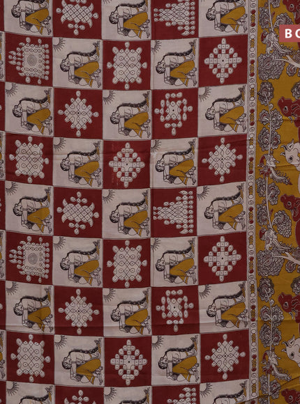 Kalamkari semi silk saree cream maroon and mustard yellow with allover prints and printed border