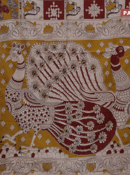 Kalamkari semi silk saree cream maroon and mustard yellow with allover prints and printed border