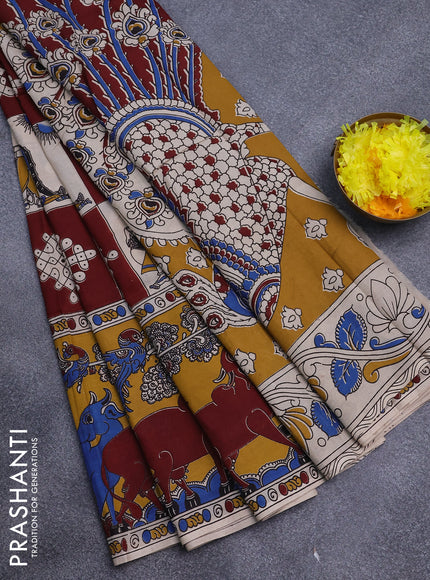 Kalamkari semi silk saree cream maroon and mustard yellow with allover prints and printed border