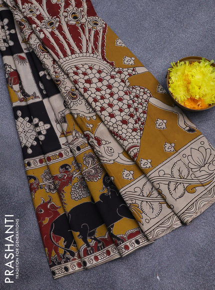 Kalamkari semi silk saree cream black and mustard yellow with allover prints and printed border