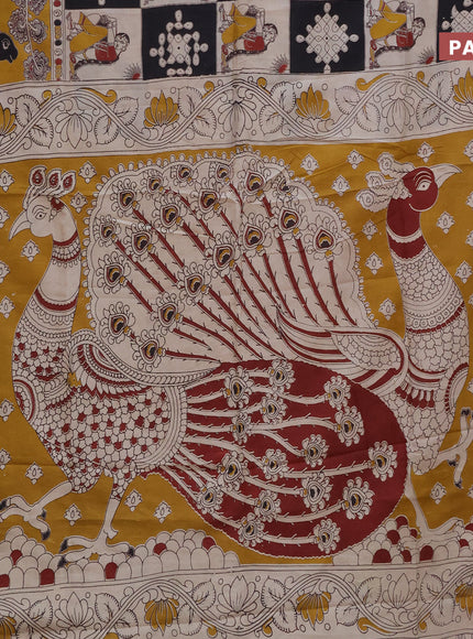 Kalamkari semi silk saree cream black and mustard yellow with allover prints and printed border