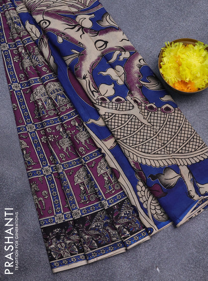 Kalamkari semi silk saree purple and blue black with allover prints and printed border