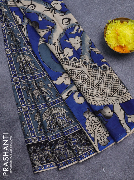 Kalamkari semi silk saree grey and blue black with allover prints and printed border