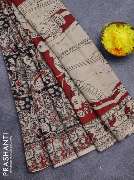 Kalamkari semi silk saree black and cream maroon with allover prints and printed border