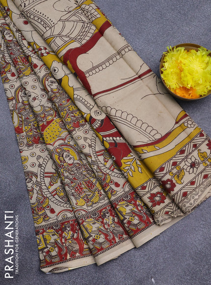 Kalamkari semi silk saree cream and red with allover prints and printed border