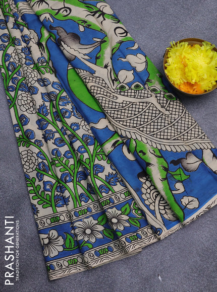 Kalamkari semi silk saree cream and blue with allover prints and printed border