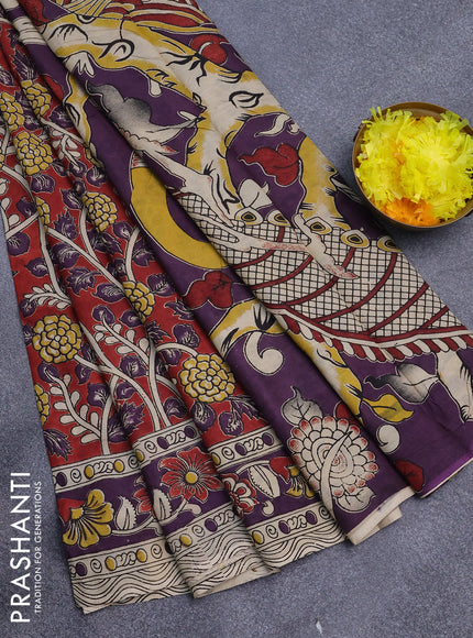 Kalamkari semi silk saree maroon and purple with allover prints and printed border