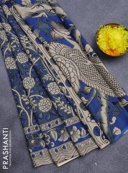 Kalamkari semi silk saree grey and blue with allover prints and printed border