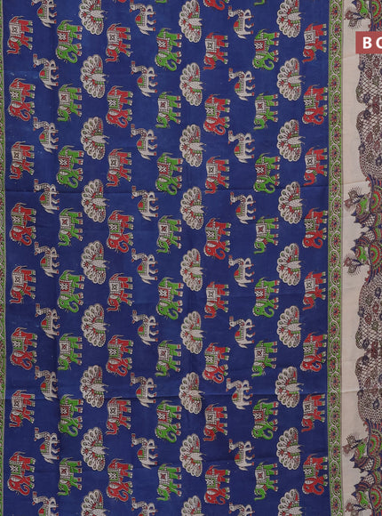 Kalamkari semi silk saree blue and cream with elephant butta prints and printed border