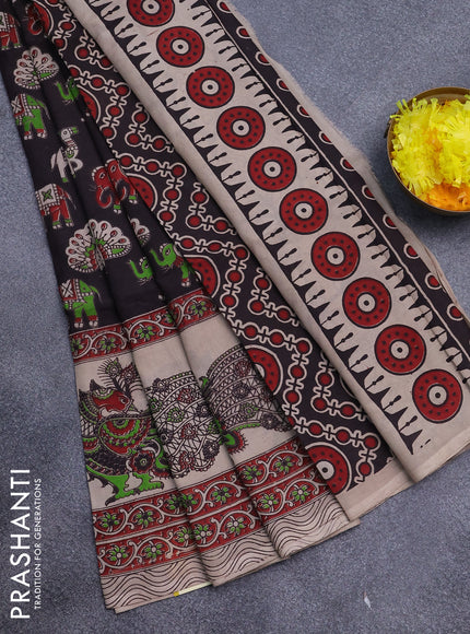 Kalamkari semi silk saree black and cream with elephant butta prints and printed border