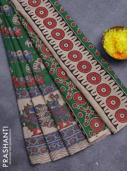 Kalamkari semi silk saree green and cream with elephant butta prints and printed border