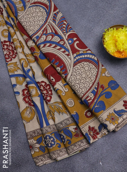 Kalamkari semi silk saree cream and yellow with allover prints and printed border