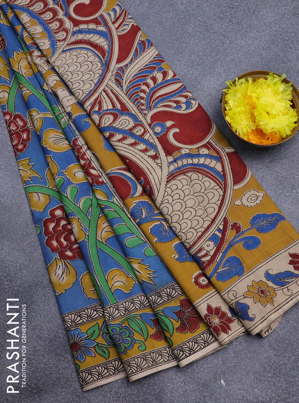 Kalamkari semi silk saree blue and yellow with allover prints and printed border