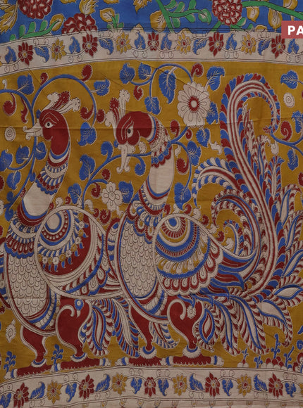 Kalamkari semi silk saree blue and yellow with allover prints and printed border