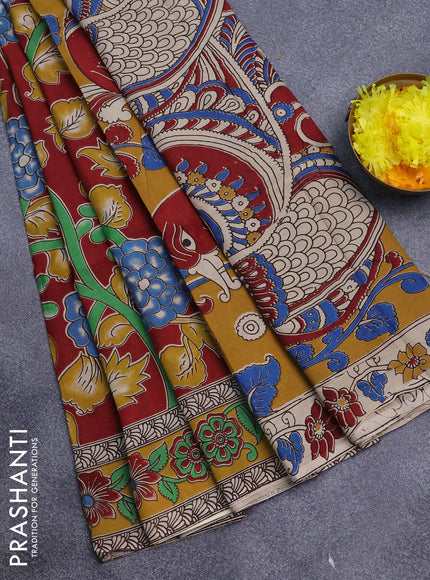 Kalamkari semi silk saree maroon and yellow with allover prints and printed border