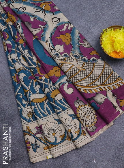 Kalamkari semi silk saree peacock green and cream with allover prints and printed border